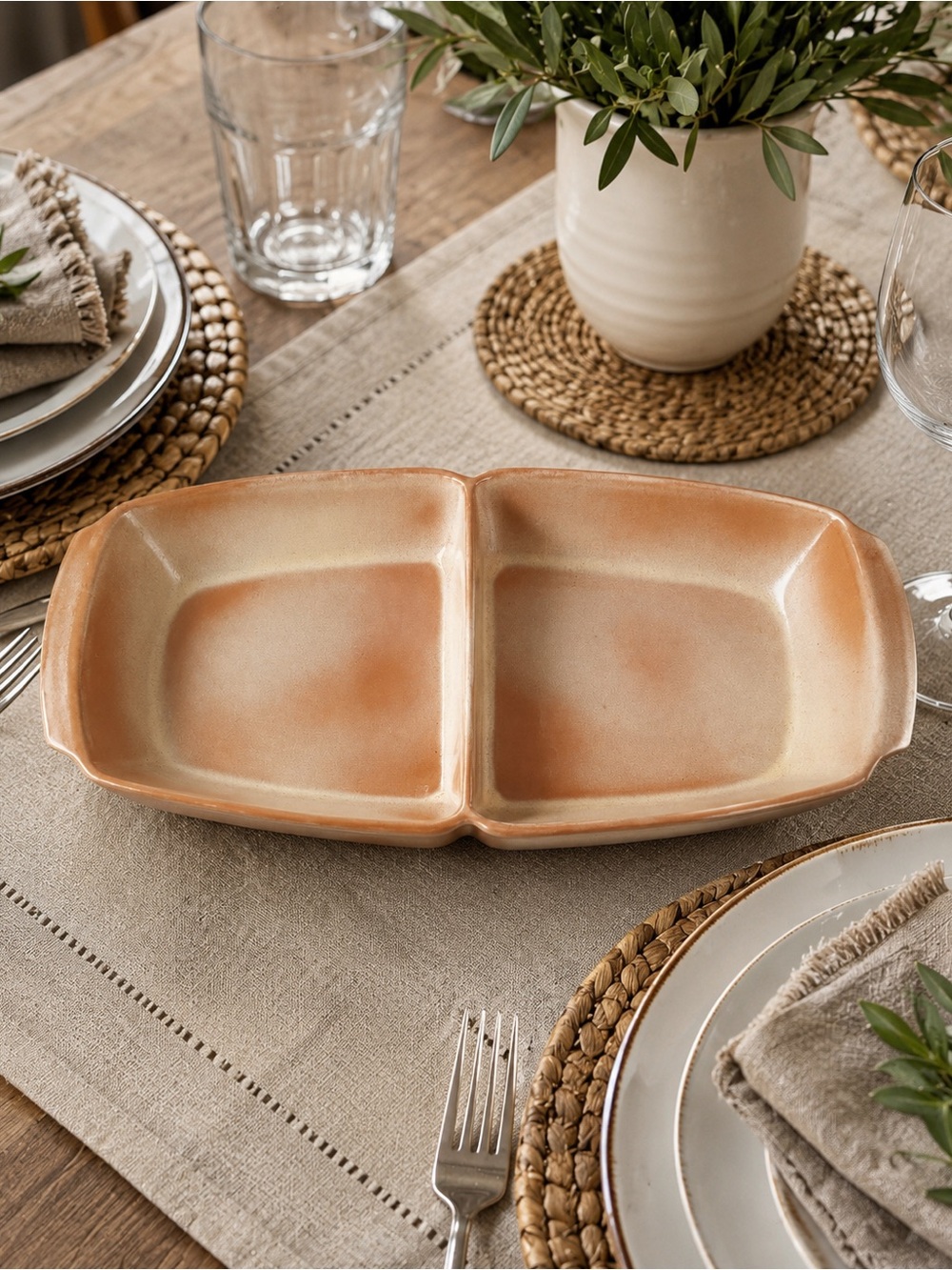 Vintage Frankoma 5QD Divided Relish Serving Tray Peach Cream Pottery